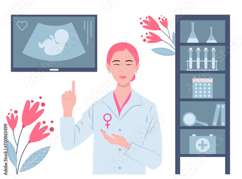 Female gynecologist with fetus ultrasound scan on white background