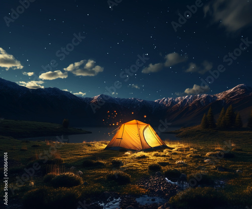 starry sky above tent. AI generative