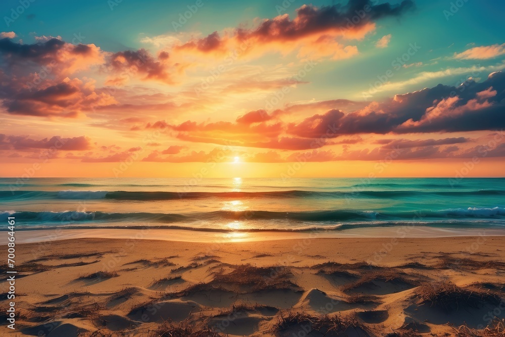 Sandy beach close-up by the sea with crashing waves, landscape panoramic view, tropical horizon seascape, calm, tranquil, and relaxing summer mood under the orange and golden sunset sky generative ai Sandy beach close-up by the sea with crashing waves, landscape panoramic view, tropical horizon seascape, calm, tranquil, and relaxing summer mood under the orange and golden sunset sky generative ai