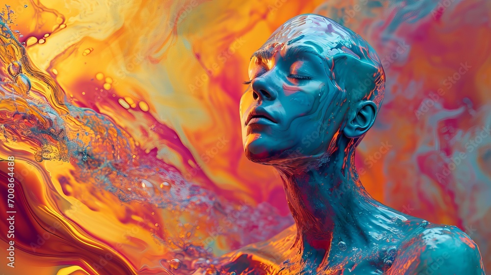 Artistic Representation of a Blue Human Figure Immersed in Vibrant Abstract Liquid Patterns