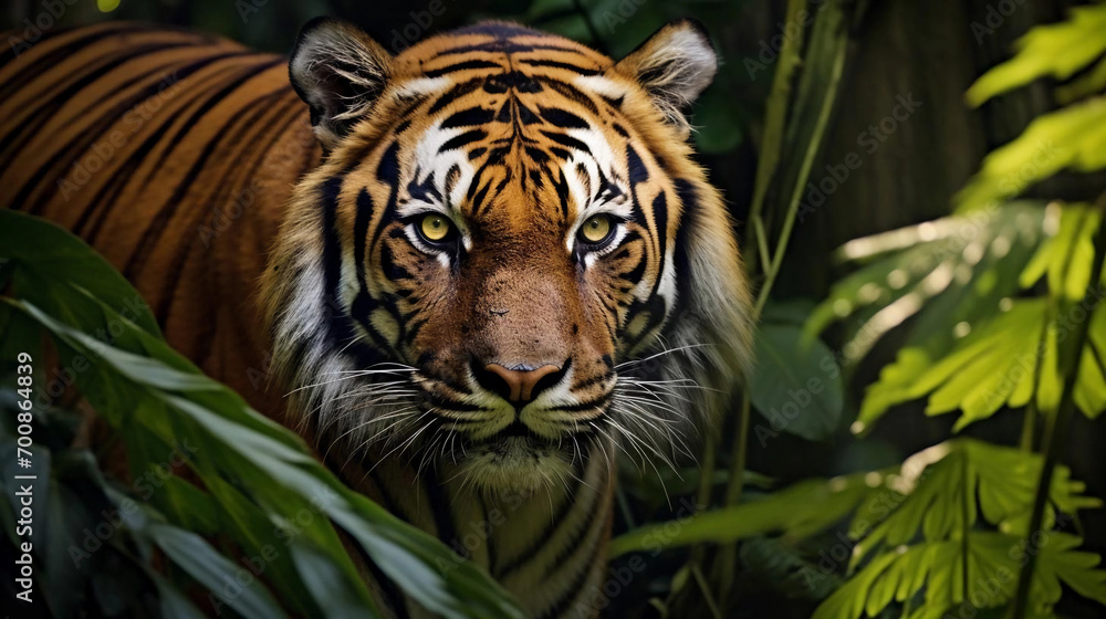 Portrait of a tiger hiding in jungle leaves staring right at the camera, national wildlife day Portrait of a tiger hiding in jungle leaves staring right at the camera, national wildlife day