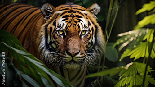 Portrait of a tiger hiding in jungle leaves staring right at the camera, national wildlife day
