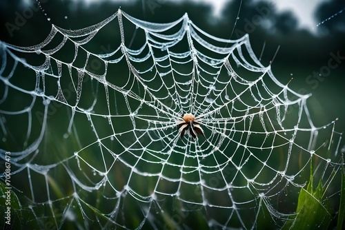 Macro shot of dew-kissed spiderweb in a misty meadow