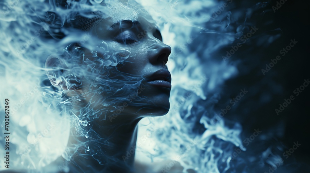 Mystical Portrait of a Woman Surrounded by Ethereal Blue Smoke