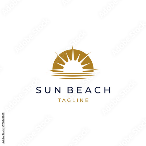 elegant hipster gold sun sunset sunrise with beach ocean sea water logo icon vector in trendy flat design for hotel