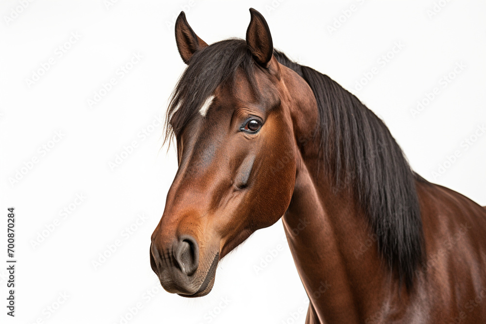 Naklejka premium Bay Morgan Horse close-up portrait on a white background.