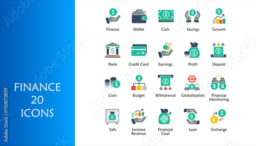 Finance icon set. Containing loan, cash, saving, financial goal, profit, budget, mutual fund, earning money and revenue icons. Color Fill icons collection