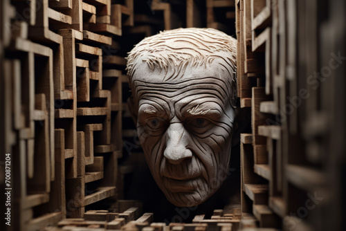 An intricate wood carving reveals a man's face, reflecting a journey through a mental maze.