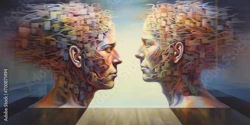 A surreal oil painting presents two people facing each other, embodying the concept of nonduality.