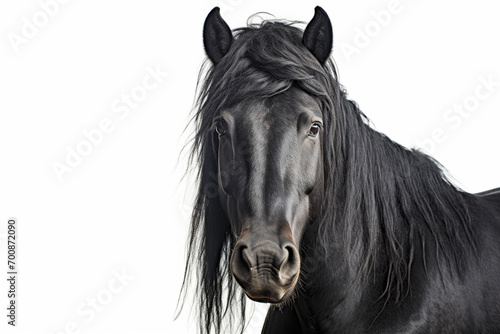 Percheron horse close-up portrait on a white background.