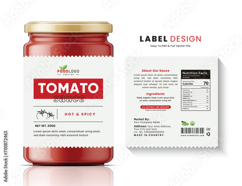 Tomato sauce minimal label bottle jar food clean sticker packaging design. photo
