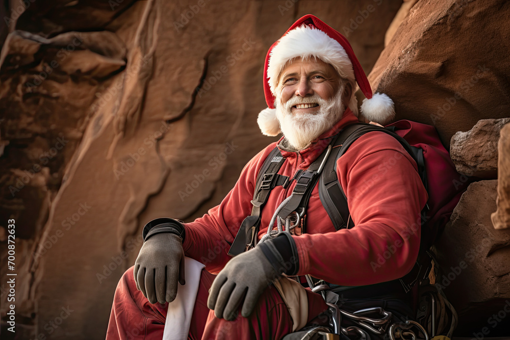 Santa Claus rock climber, bouldering, alpine, free soloing, rappelling, belaying.  Father Christmas, Saint Nicholas, Saint Nick, Kris Kringle with climbing gear, harness, carabiner