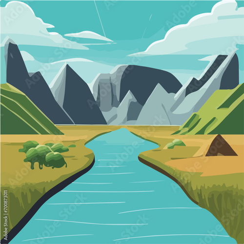Hill landscape with Vector illustration background. Beautiful landscape vector illustration of mountains  forests  fields and meadows.
