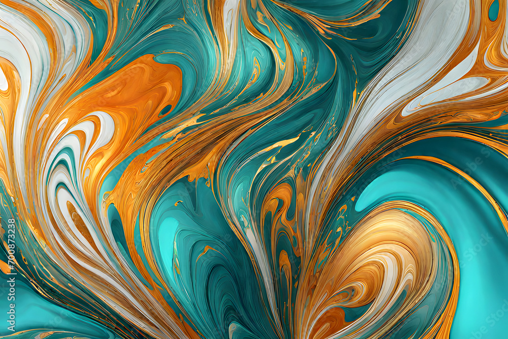 Luxurious marbling abstract background with waves, vibrant geometric patterns, artistic and contemporary on a minimalist background with blue, paint swirls in beautiful teal and orange colors HD - obrazy, fototapety, plakaty 