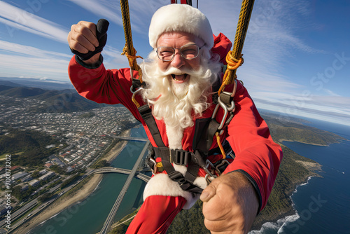 Fantasy art of Santa Claus skydiving, bungee jumping, parachute, paragliding, extreme sport, fly with gifts flying Father Christmas, Saint Nicholas, Saint Nick, Kris Kringle, fun adventure