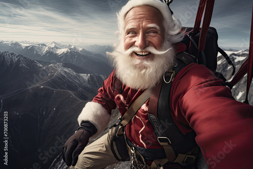Fantasy art of Santa Claus skydiving, bungee jumping, parachute, paragliding, extreme sport, fly with gifts flying Father Christmas, Saint Nicholas, Saint Nick, Kris Kringle, fun adventure photo