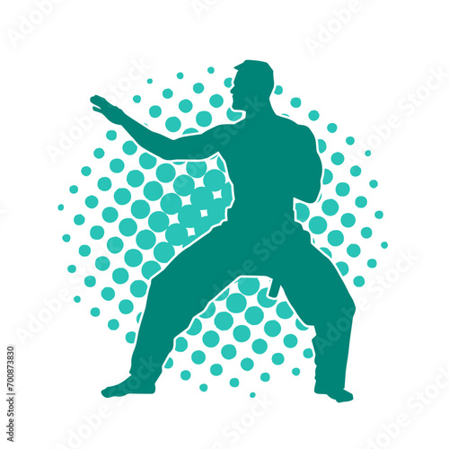 Silhouette of a man in oriental martial art pose. Silhouette of a male in martial art move.