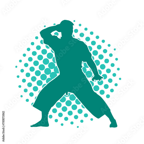 Silhouette of a man in oriental martial art pose. Silhouette of a male in martial art move.