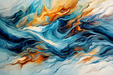 Abstract blue water waves colorful oil painting art, and abstract wind waves in the sky with yellow. blue, and golden  color mix