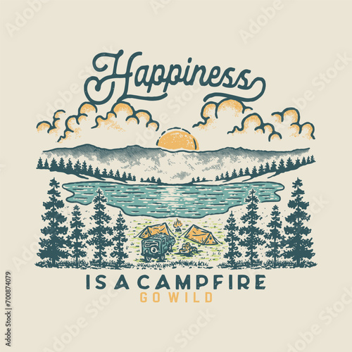 lake illustration campfire graphic mountain design forest badge outdoor vintage adventure landscape