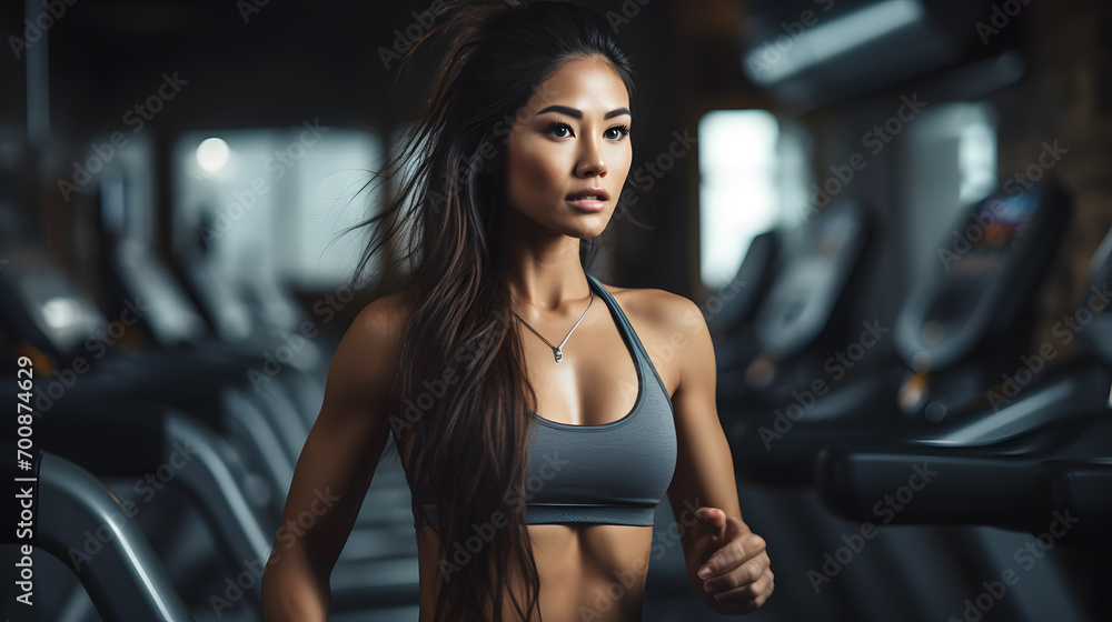 Asian female athlete exercising in the gym With weightlifters and treadmills in the background, athletes have beautiful muscles.