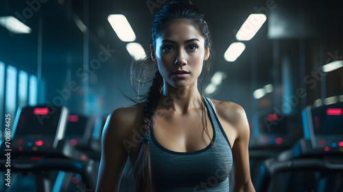 Asian female athlete exercising in the gym With weightlifters and treadmills in the background, athletes have beautiful muscles.