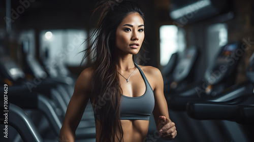 Asian female athlete exercising in the gym With weightlifters and treadmills in the background, athletes have beautiful muscles.