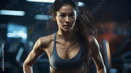 Asian female athlete exercising in the gym With weightlifters and treadmills in the background, athletes have beautiful muscles. © Nawarit