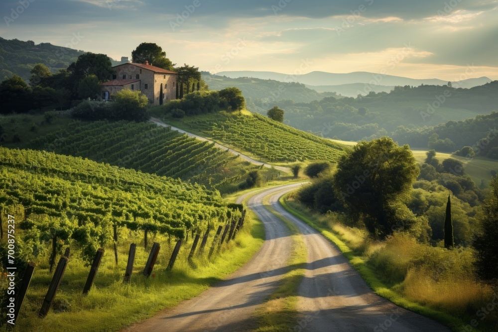 A road leading to a remote vineyard in the rolling hills