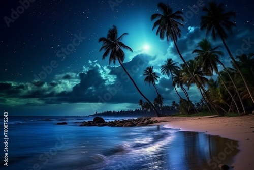 Tropical night beach with starry sky, palm trees, and ocean. Perfect for vacations. Generative AI