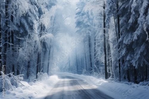 A road through a snowy forest, capturing the beauty of winter © KerXing