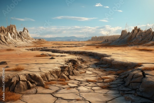 Barren landscape with deep fault lines revealing the dry, lifeless earth