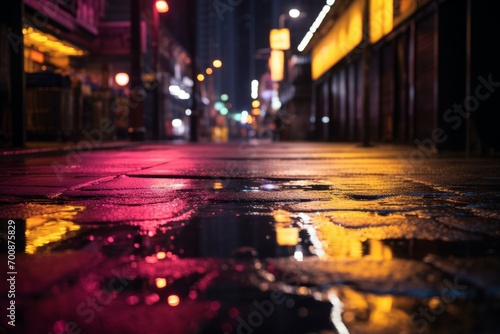 Neon lights shimmering on a wet surface