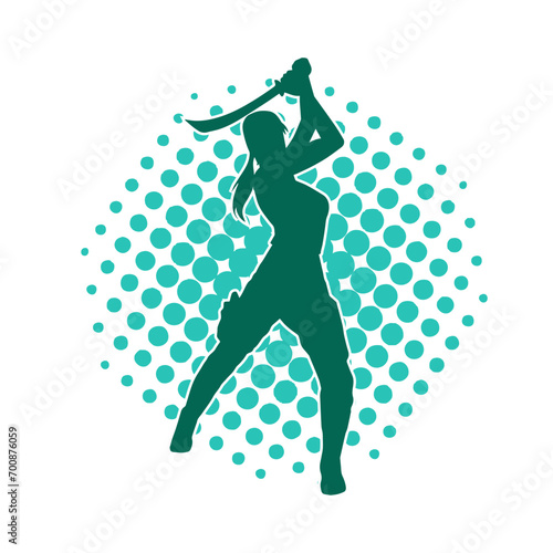 Silhouette of a female fighter in action pose carrying sword weapon.