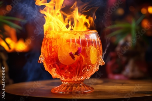 A close up of a rum punch cocktail with a flaming garnish, igniting the imagination with thoughts of tropical allure