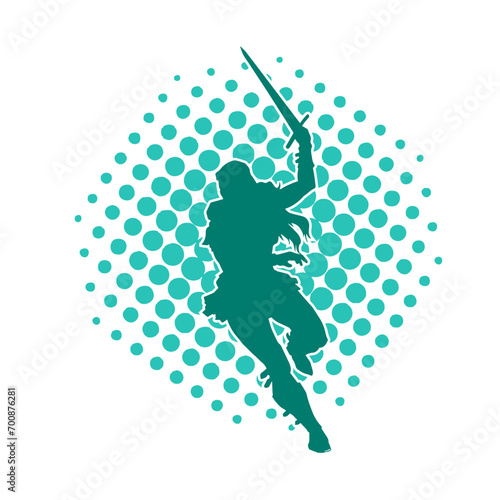
Silhouette of a female fighter in action pose carrying sword weapon.

