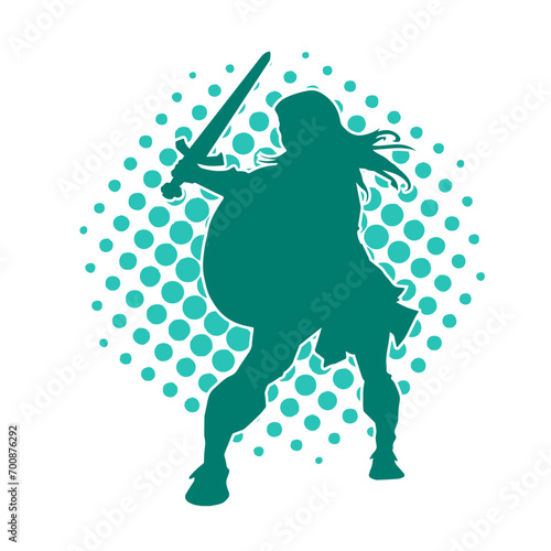 Silhouette of a female warrior in battle armor carrying sword weapon and iron shield.
