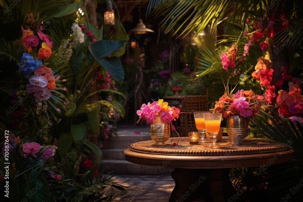 A tropical garden oasis with glasses of rum punch placed amidst vibrant flowers and foliage, an idyllic escape A tropical garden oasis with glasses of rum punch placed amidst vibrant flowers and foliage, an idyllic escape