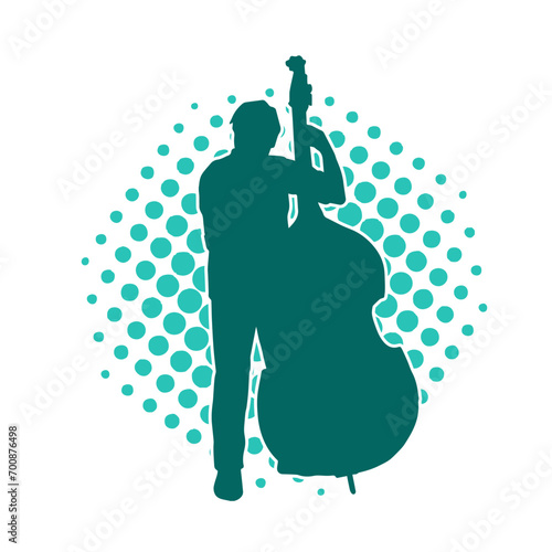 Silhouette of a classic musician playing contrabass or double bass string musical instrument.
