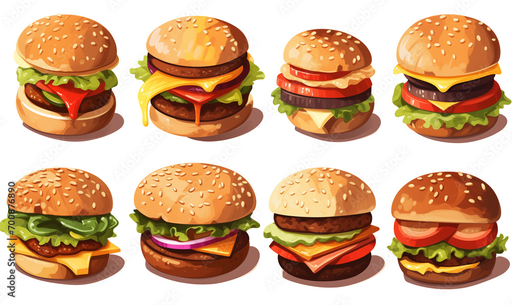Set of Burgers on white background. Fast food meal. Various burgers, vegan burger, hamburger, cheeseburger. Grill burger, side view food Illustration, burger composition. Set of Burgers on white background. Fast food meal. Various burgers, vegan burger, hamburger, cheeseburger. Grill burger, side view food Illustration, burger composition.
