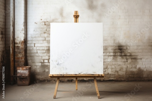 Easel with a blank canvas against a rustic brick wall