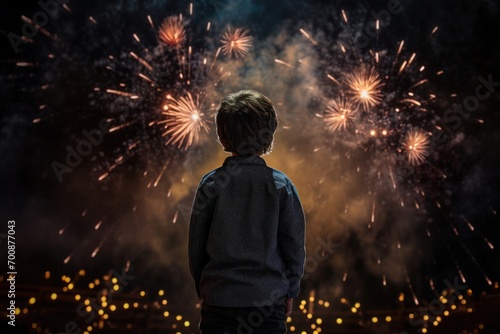 Back view of young boy's portrait with fireworks
