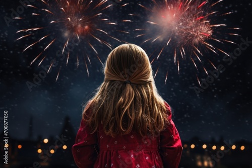 Back view of young girl's portrait with fireworks
