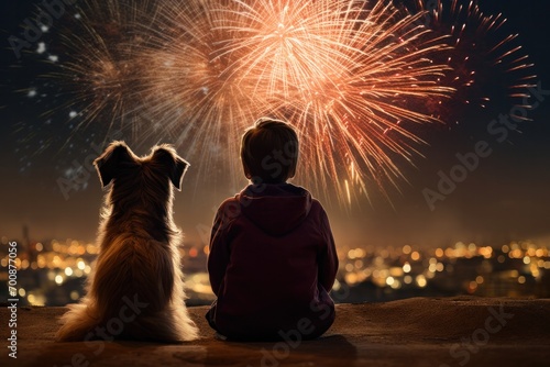 Rear view of photo of young boy sitting with dog with fireworks