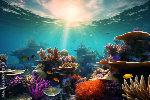 coral reef and fishes in the sea