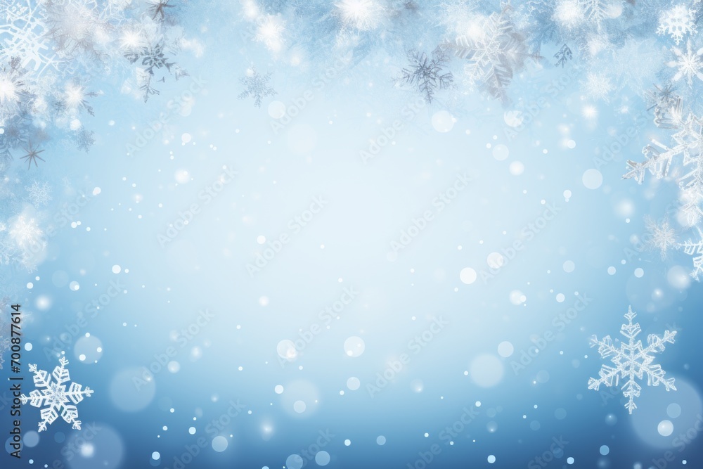 Winter wonderland with falling snowflakes on a blue background