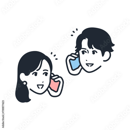 若い男女がスマートフォンで通話をするシンプルなベクターアイコンイラスト素材