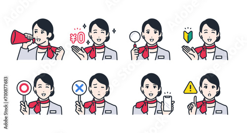 女性販売員のシンプルなベクターアイコンイラストバリエーション素材