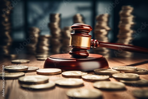 Judge's gaven on top of a wooden table surrounded by coins photo