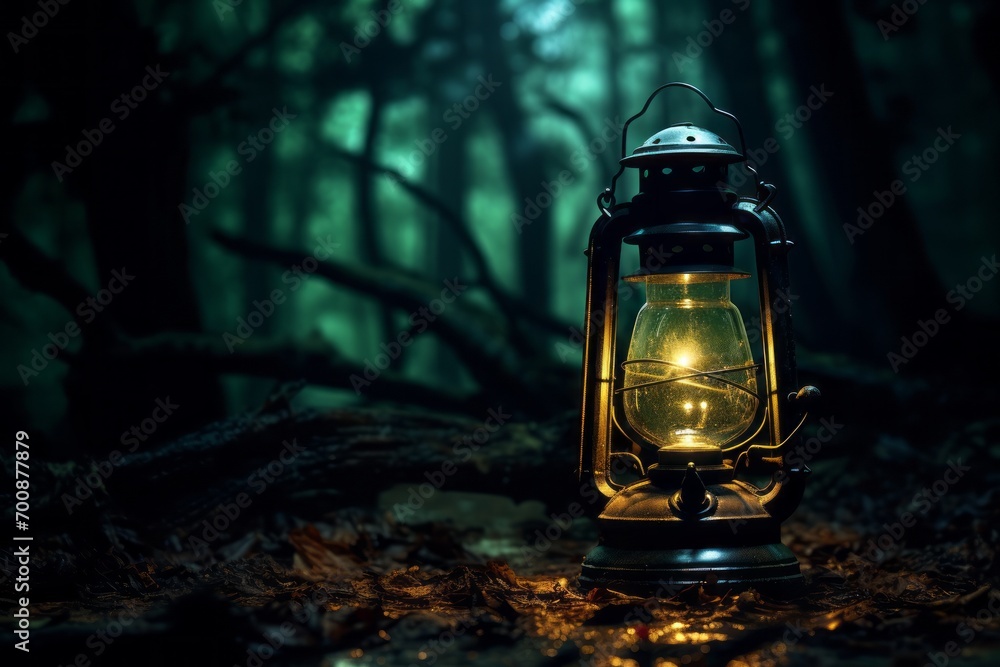 Beautiful lantern illuminating a serene forest scene Beautiful lantern illuminating a serene forest scene